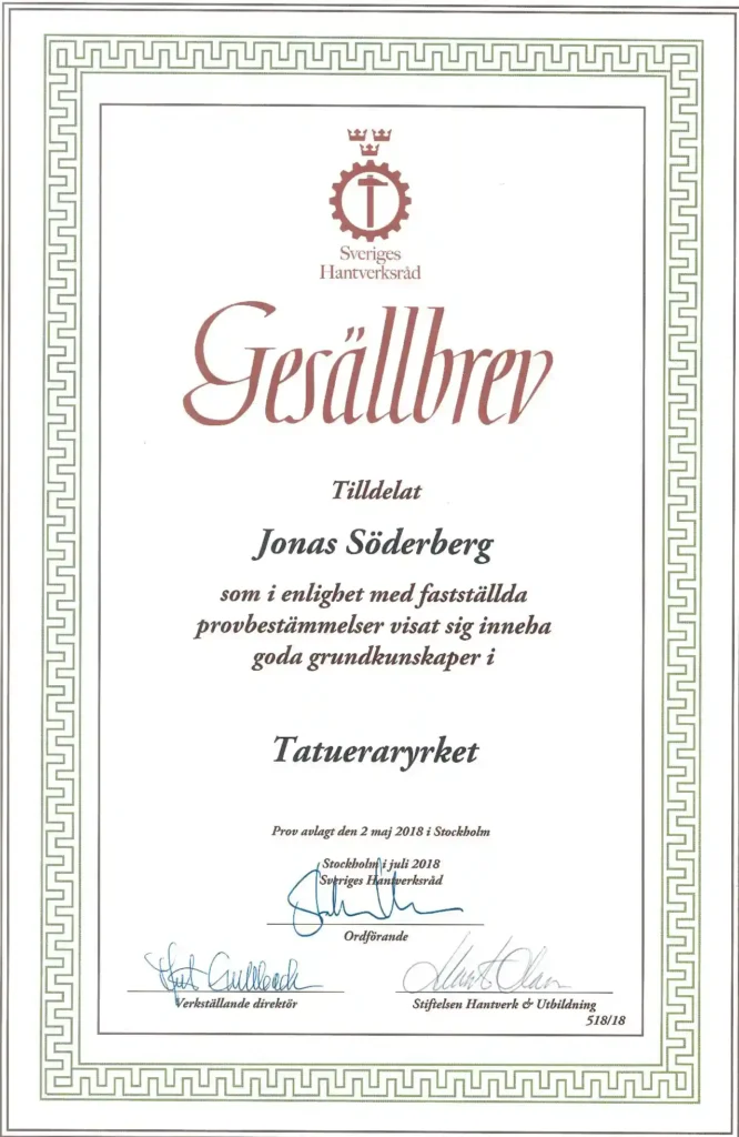 Gesällbrev som tatuerare i Göteborg